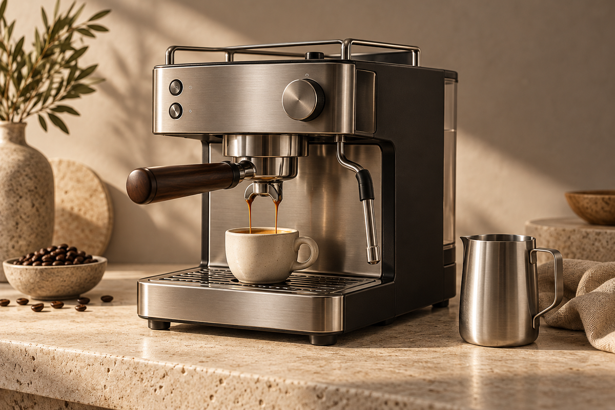Illustration einer Kaffeezubereitung mit einer Siebträgermaschine